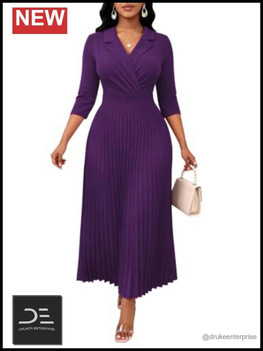 Pleated Maxi Dress Lapel V-Neck Empire Waist 3/4 Sleeve with Pockets